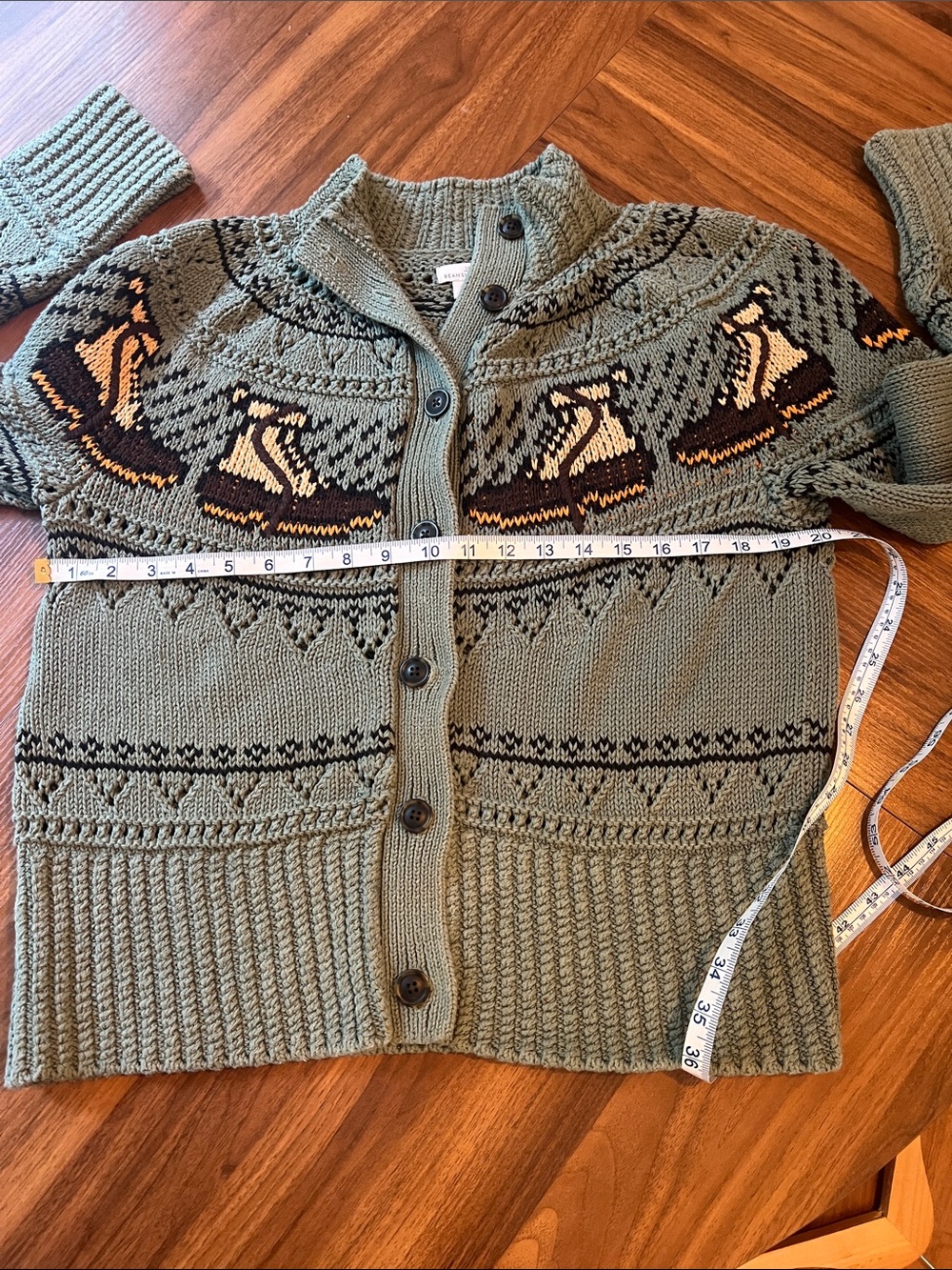L.L. Bean Knit Cardigan Sage Green with Duck Boots Fair Isle Motif - Picture 6 of 6